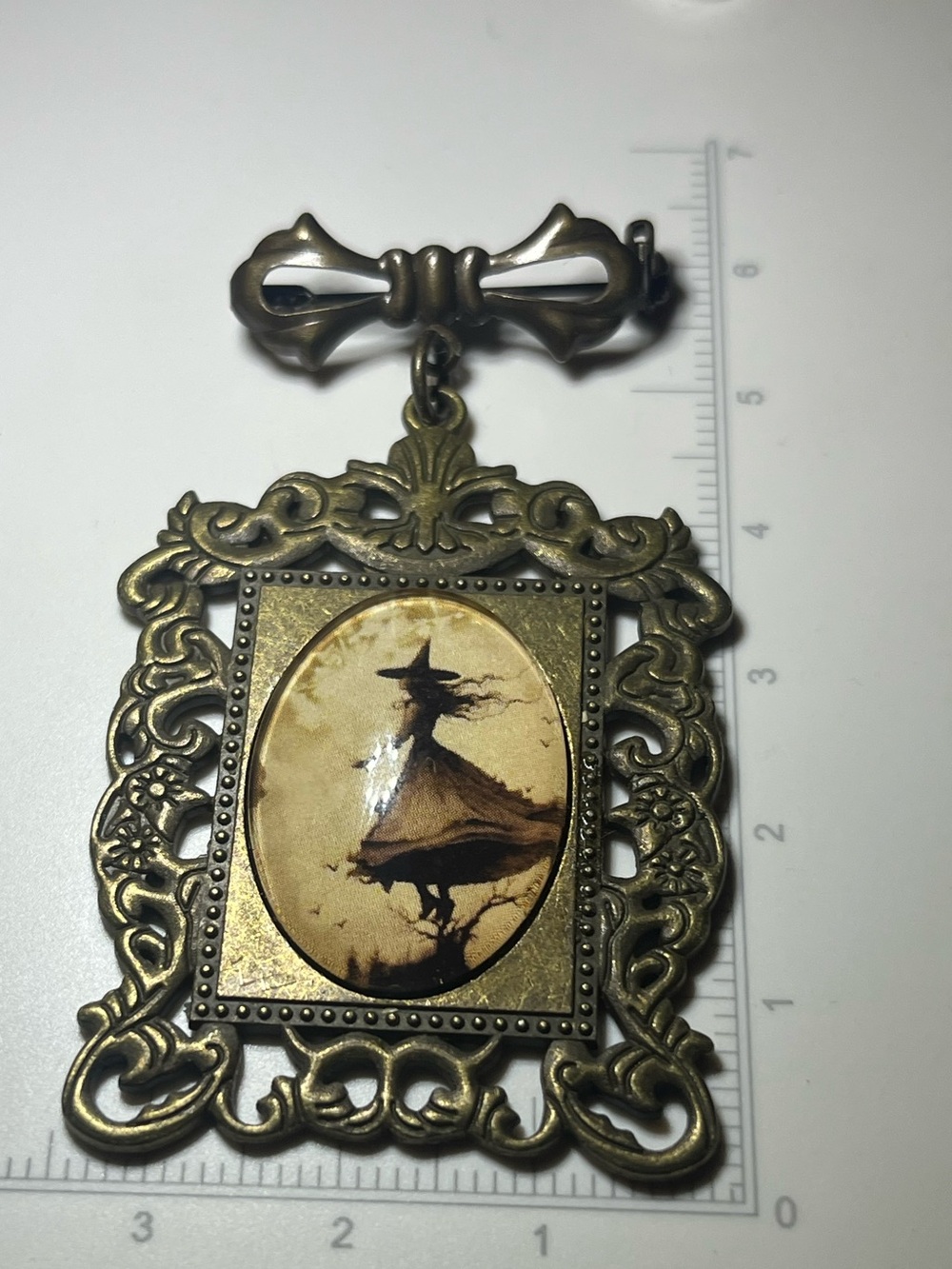 Vintage style Ornate broach Witch Silhouette - Brass Tone